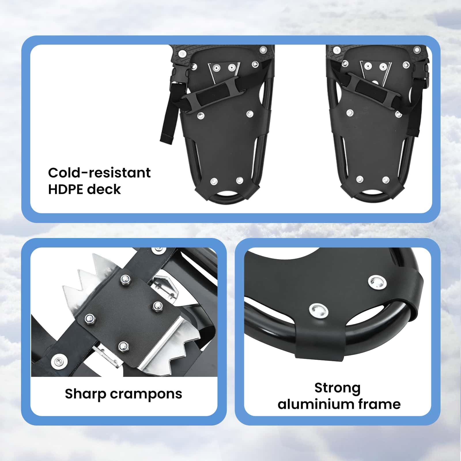 vidaXL Ciaspole 3 in 1 Nero 63 x 21 cm Alluminio e HDPE, Ciaspole in alluminio per il giardino, attrezzatura outdoor regolabile, accessori moderni per camminare sulla neve