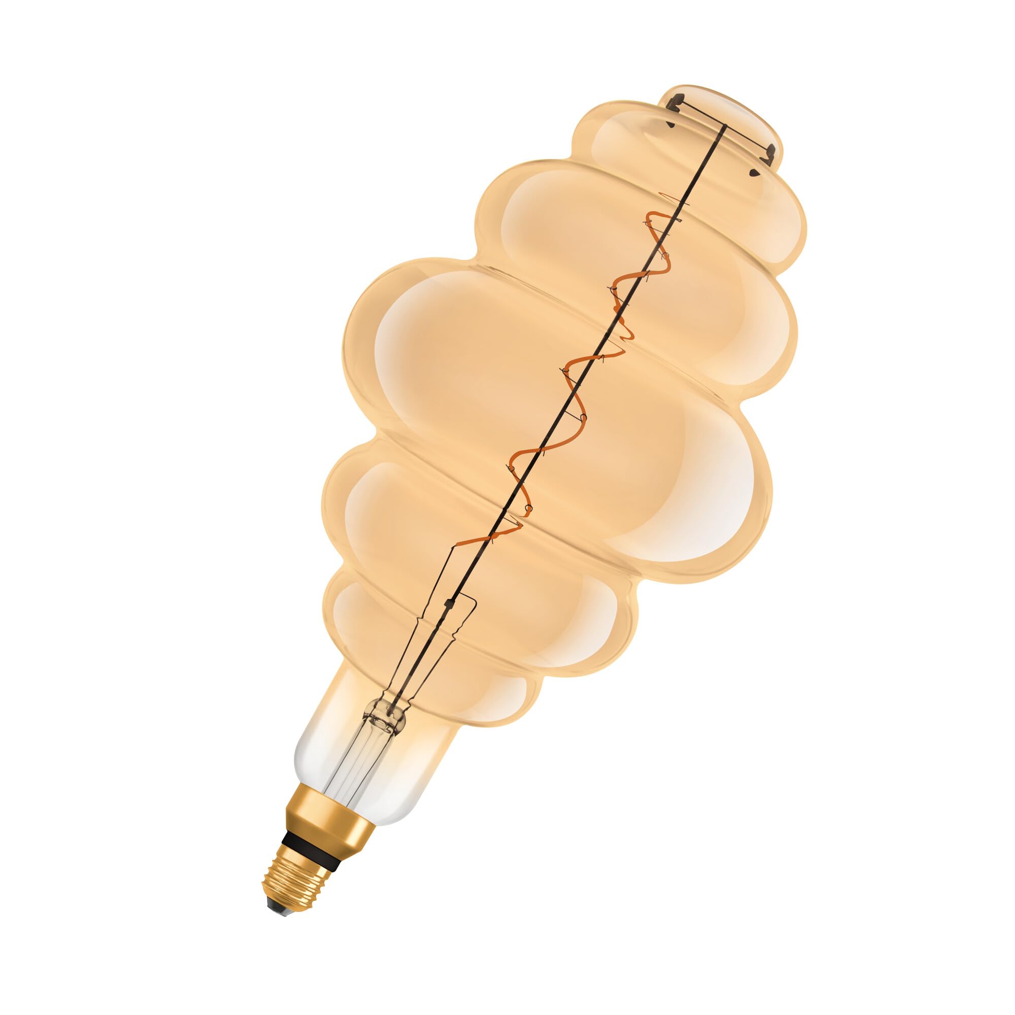 OSRAM Vintage 1906 gold tinted LED lamp, 4.8W, 360lm, beehive shape with 200mm diameter & E27 base, warm white light, dimmable filament, life of up to 15,000 hours