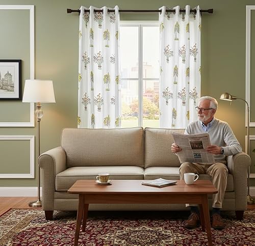 The Cozy Creations Hand Block Printed Cotton Curtain, Blue Floral