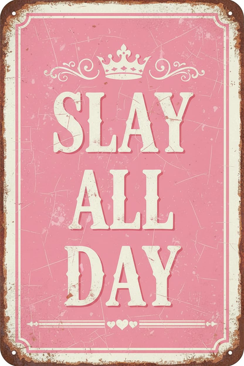 Slay All Day Preppy Girls Room Tin Sign, 8x12 Inch