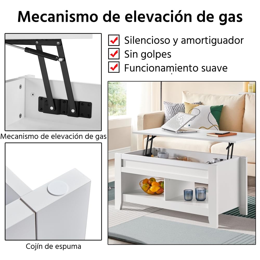 Yaheetech Mesa Centro Elevable de Madera Mesa de Café para Salón con Revistero Mueble de Diseño Moderno 104.5 x 49.5 x (49-61.5) cm Blanco