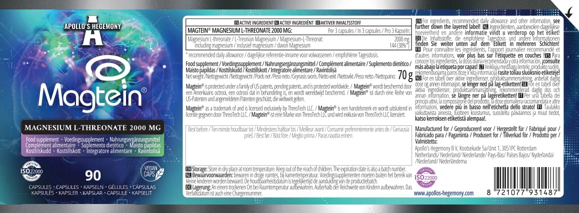 Magtein® L-treonian magnezu 144 mg w dziennej dawce - 90 wegańskich kapsułek - 30-dniowy zapas - dla wsparcia funkcji poznawczych - firmy Apollo's Hegemony