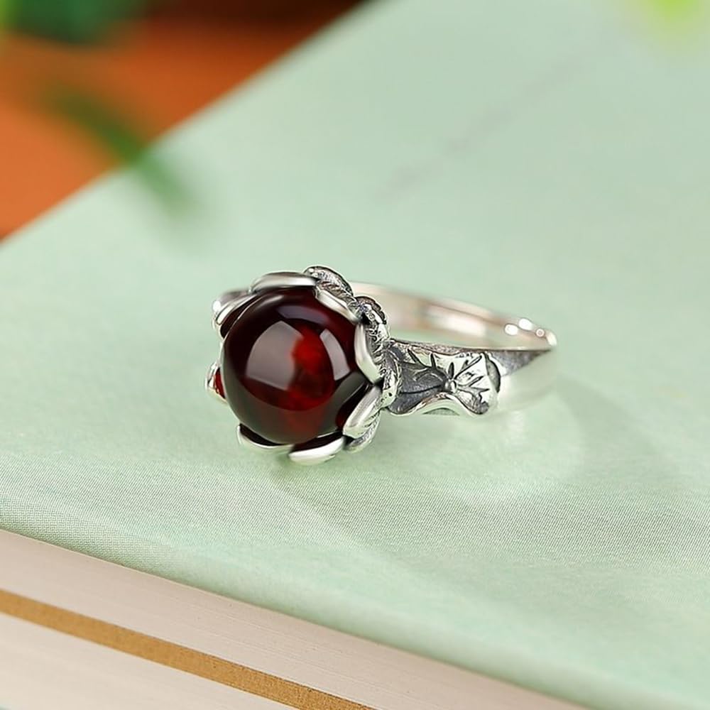 HMJGDHX Ring aus S925-Silber mit rundem Lotusblatt-Perlenring aus natürlichem rotem Bernstein (verstellbare Öffnung), Ring für Damen, echte Jade