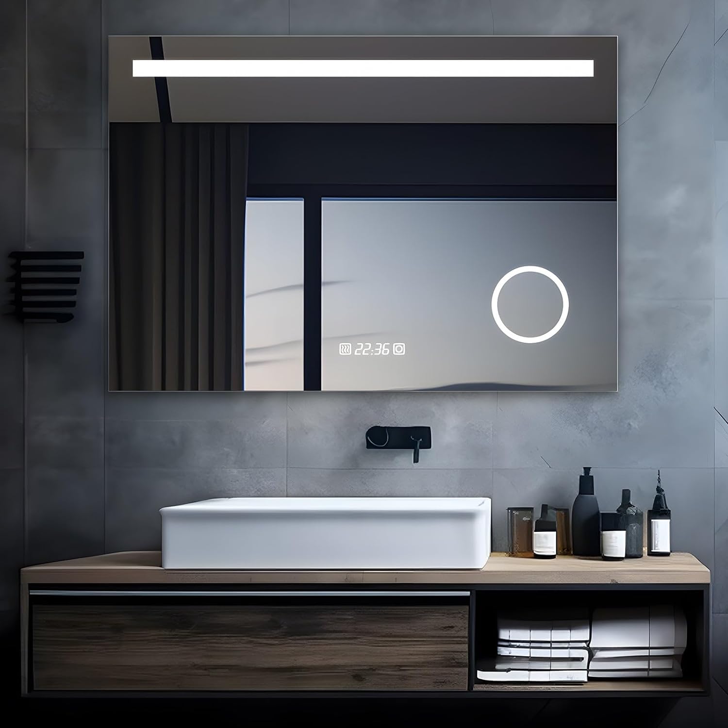 MIQU Espejo de baño con Luce 80x60cm Espejo de baño LED, Espejo de Pared Grande con Enchufe - Luz Blanca cálida/fría Interruptor táctil - con Reloj - con antivaho - con 3 aumentos función de Espejo