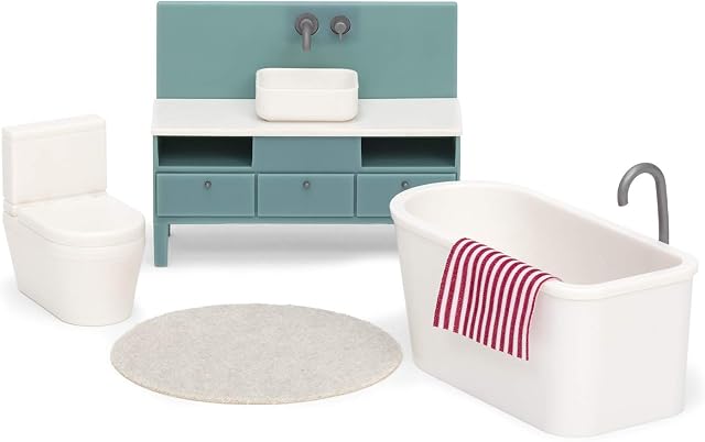LUNDBY Dolls House Furniture Bathroom Set  Freestanding Bath + Sink Unit + Toilet + Mat + Towel  Doll House Accessories  5 pieces  for 11cm Mini Dolls  Age 3+ 1:18
