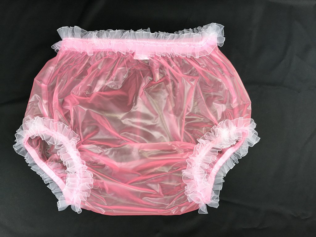 Adult Incontinence Pull-on Plastic Pants Lace Panties With White Lace (Medium, Transparent Pink)