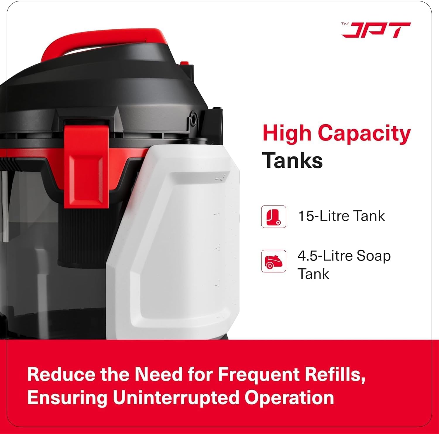 JPT Pro Series 15L Carpet Vacuum Cleaner | 1400W Motor | 17kPa Suction | 15L Tank & 4.5L Soap Tank | Wet & Dry Cleaning | Deep Cleans Carpet, Sofa, Curtains, Mattress, Floors