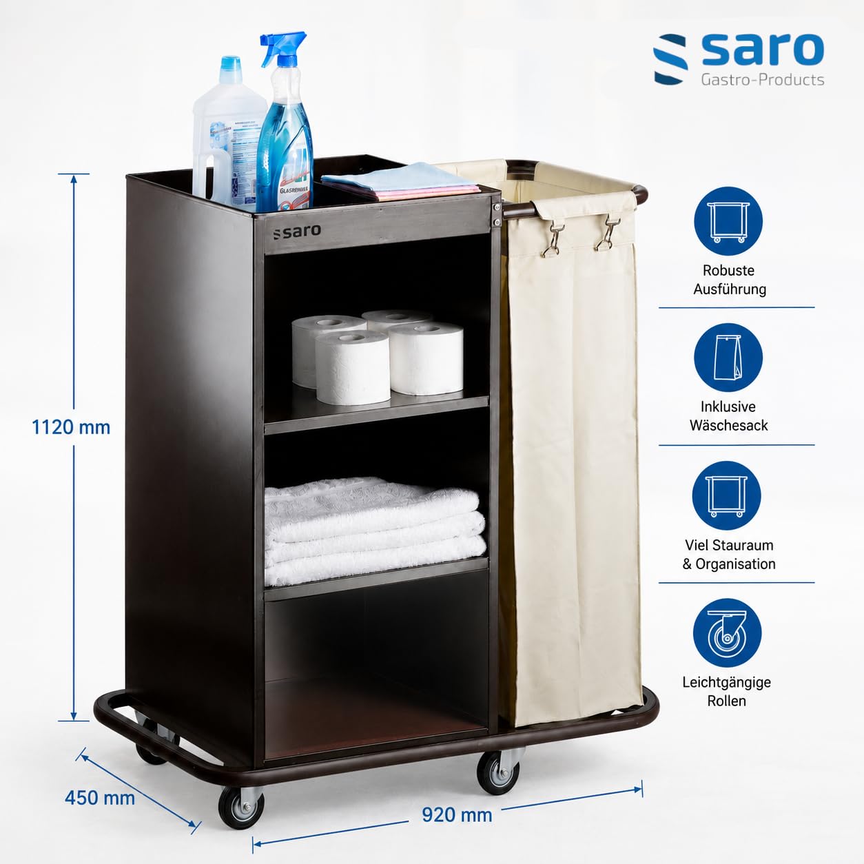 Saro Zimmerservicewagen – 920×450×1120 mm – Stahl lackiert – Gummi-Stoßschutz – Abnehmbarer Wäschesack – Modell AF 260