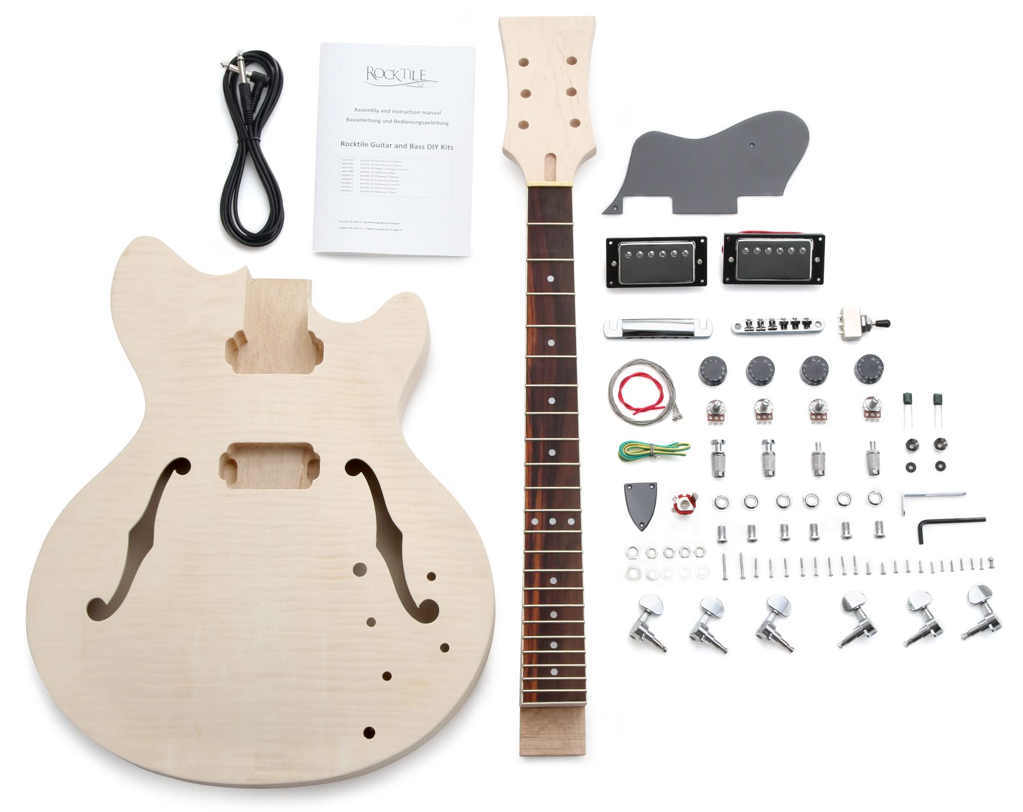 Kit Chitarra Elettrica Rocktile HB-Style, Semiacustica con sustainblock | Kit per chitarra elettrica 'do-it-yourself', Corpo: paulownia, Manico: acero da incollare, Tastiera: palissandro, 2 f-holes