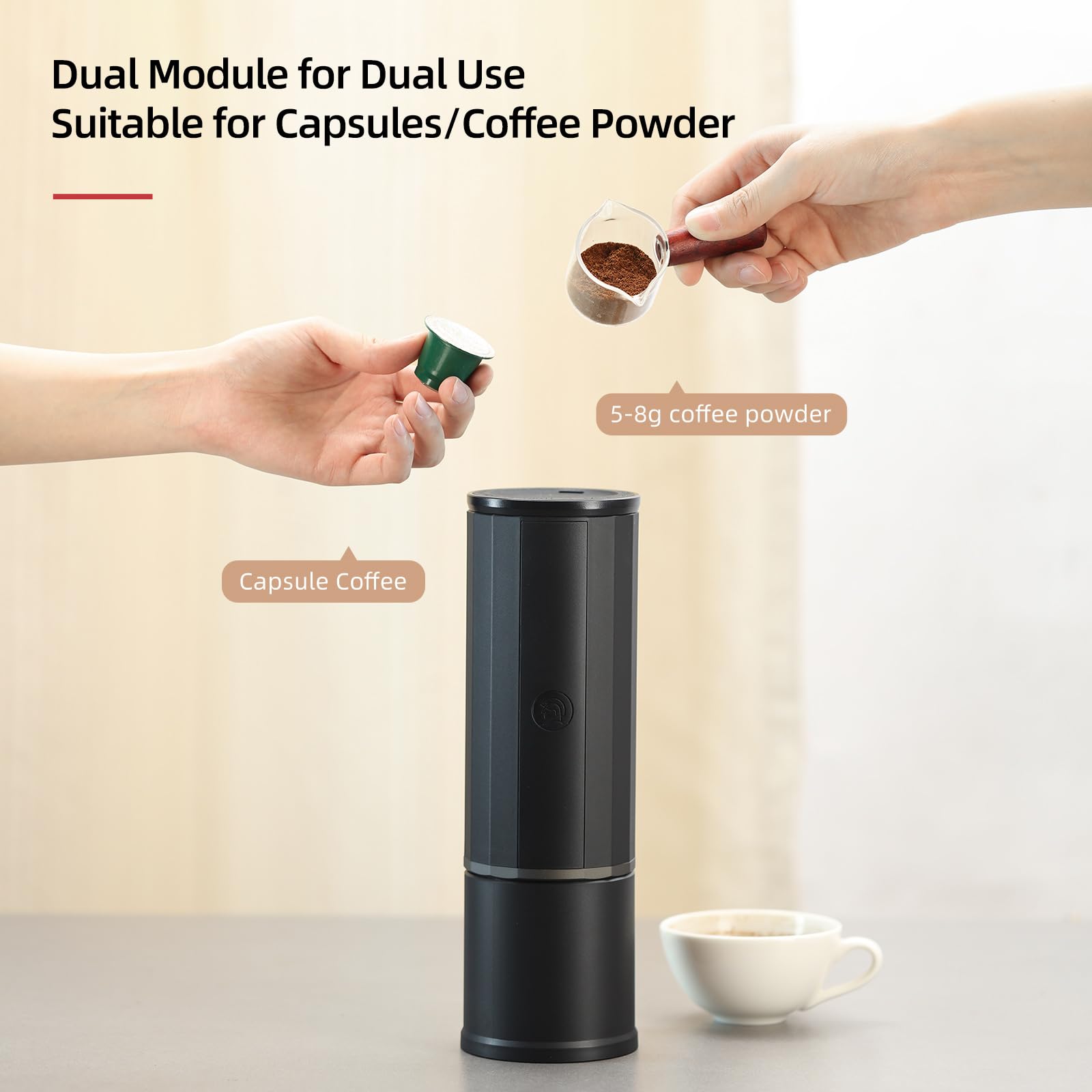Cafetera portátil de 15 bares, mini cafetera USB-C y cargador de coche, cafetera espresso ligera, color negro