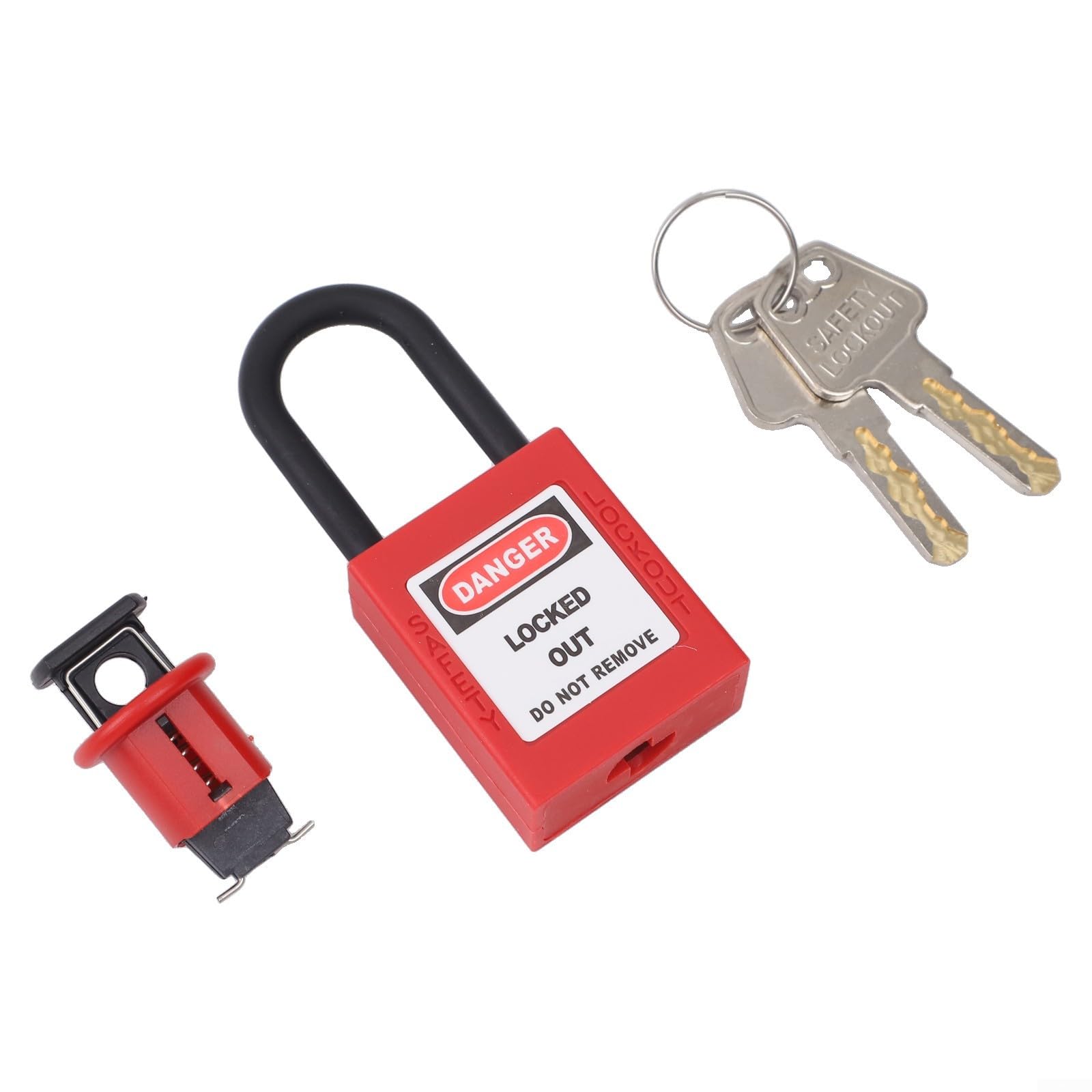 Miniature Circuit Breaker Lockout Padlock for Electrical Safety, PA Nylon & Stainless Steel MCB Lock Off Kit, Red + Black (2 Holes, ≥13mm), 2 Keys Included