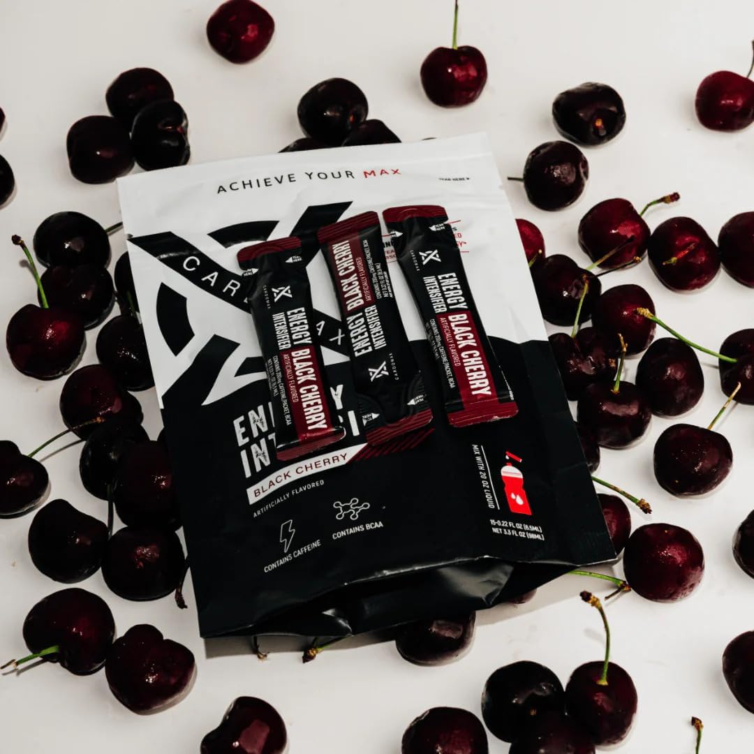 CardoMax - Energy Drink Packets - Liquid Preworkout for Men & Women Caffeine Packets with BCAA, Vitamin B12, Vitamin B6 & B3 - Sugar-Free, Zero Calorie, Vegan & Keto - 15 Stick Packs - Black Cherry