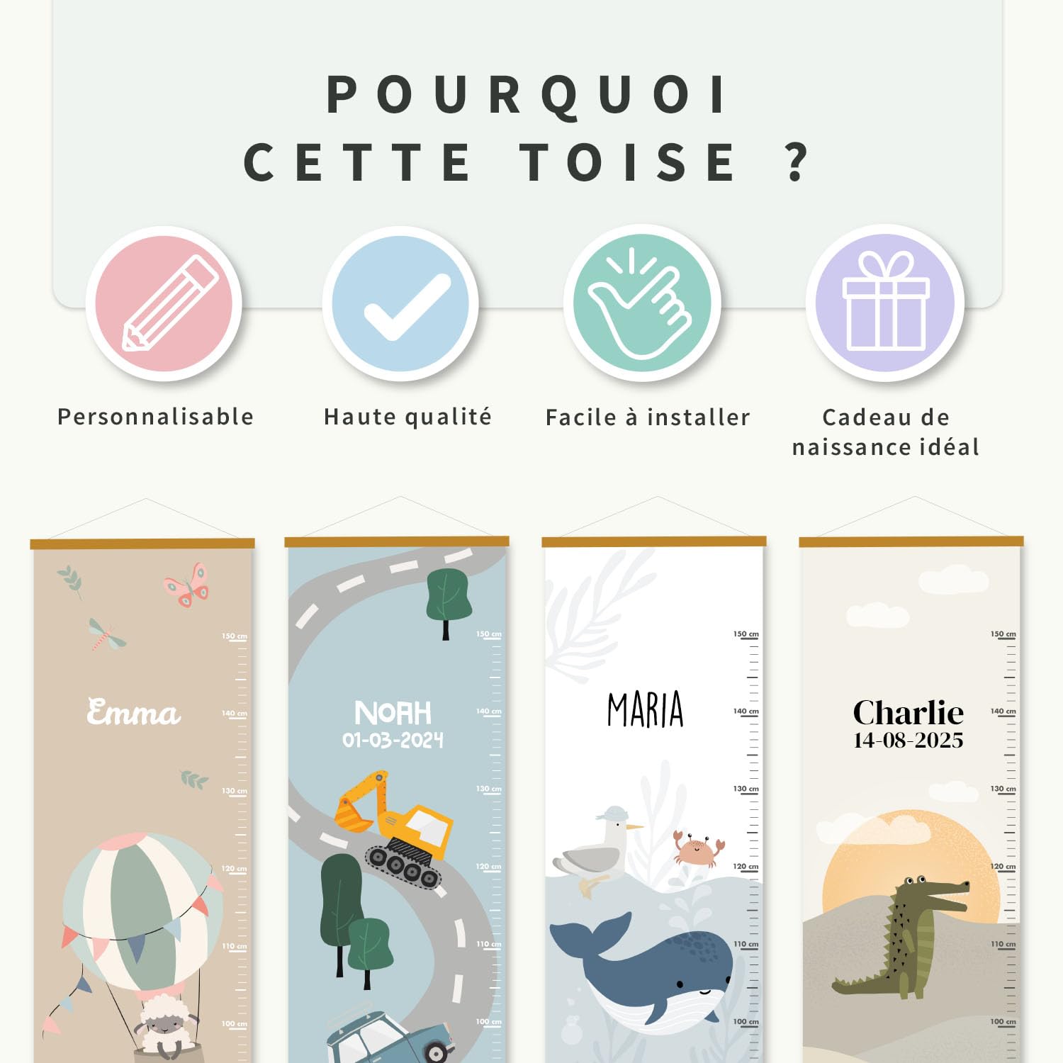 Bienmarquer - Toise Murale Personnalisée pour Bébé/Enfant - Toise de Croissance Personnalisable avec un Prénom - Règle de Hauteur Permettant de Mesurer la Taille de l'Enfant (Mer)