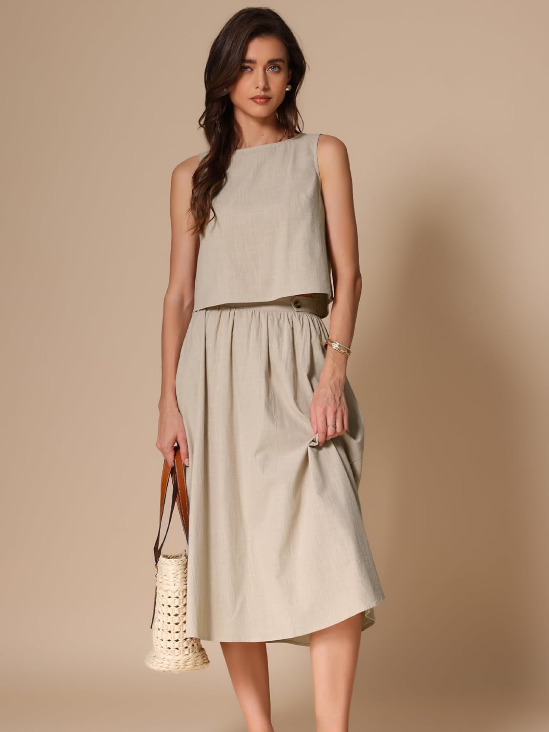 Allegra K Women Summer 2 Piece Outfits Round Neck Sleeveless Crop Top Dressy Casual Midi Skirt Suit Set - Image 2