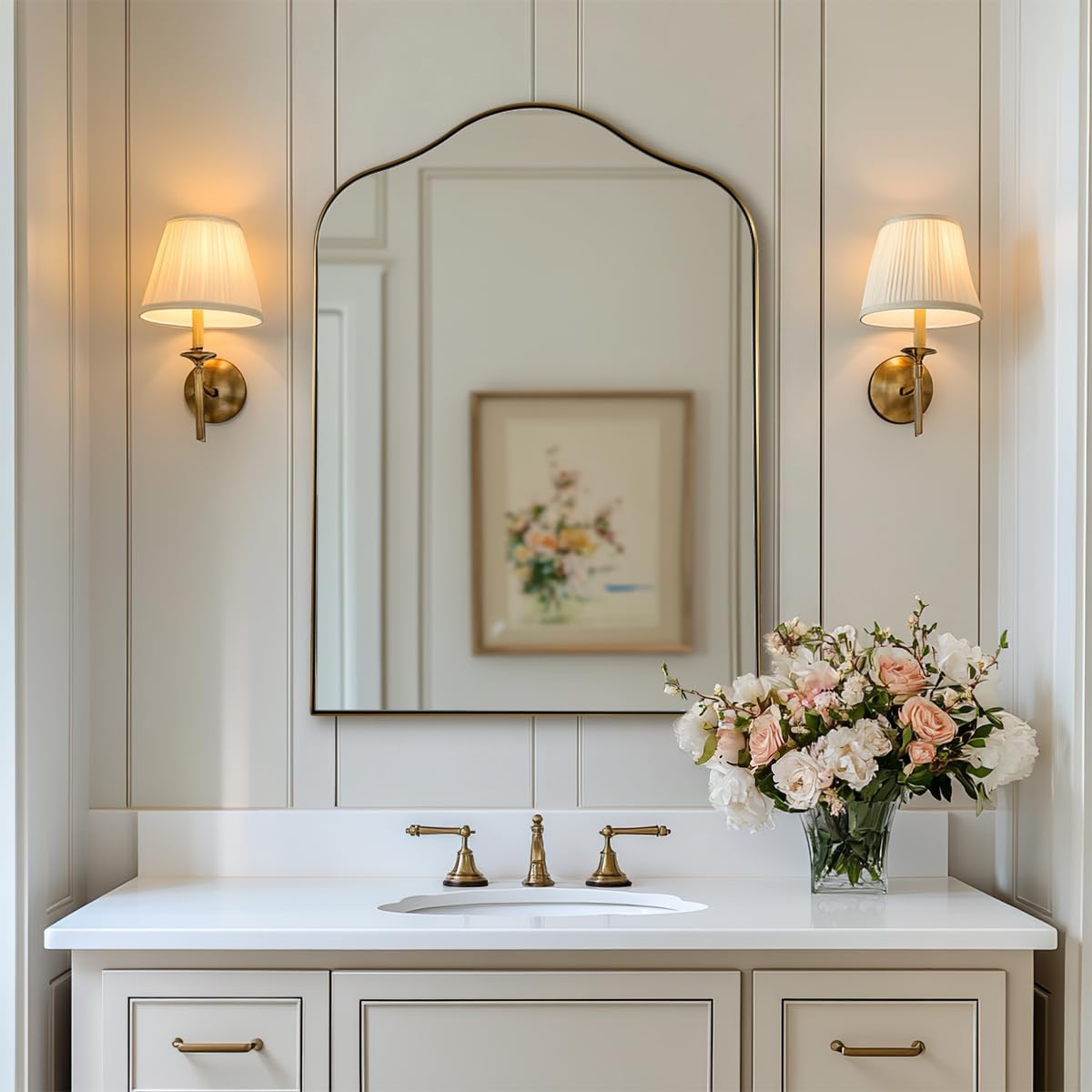 Photo 1 of ANDY STAR Brass Scalloped Arched Wall Mirror, 22x30 Brushed Gold Irregular Bathroom Mirror with Curved Design for Vanity, Powder Room, Fireplace, Mantel, Stainless Steel Frame, Rustproof