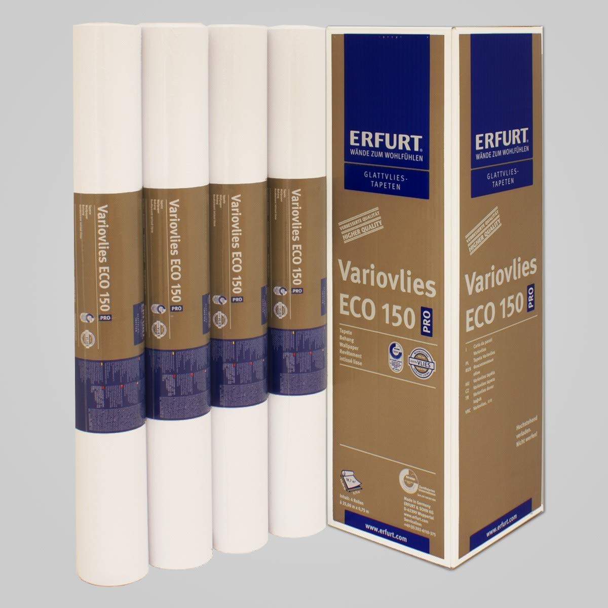 Erfurt Eco-Vlies EV 150g/qm Ecovlies Variovlies Malervlies überstreichbare Vliestapete, 8 Rollen, Überstreichbar