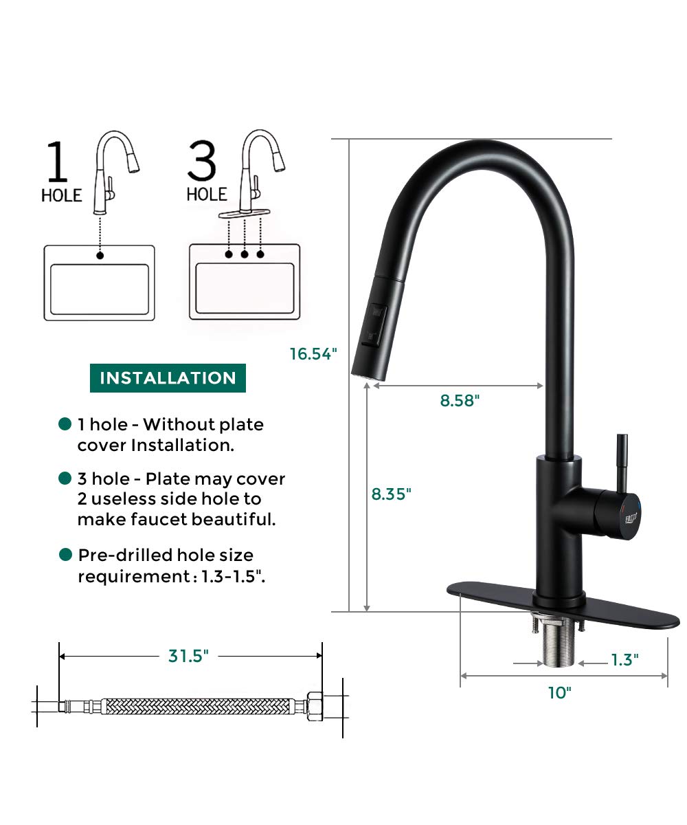 FRUD Matte Black Kitchen Faucet With Pull-Out Sprayer - High Arc Single Handle Faucet With Deck Plate & 2 Spray Modes