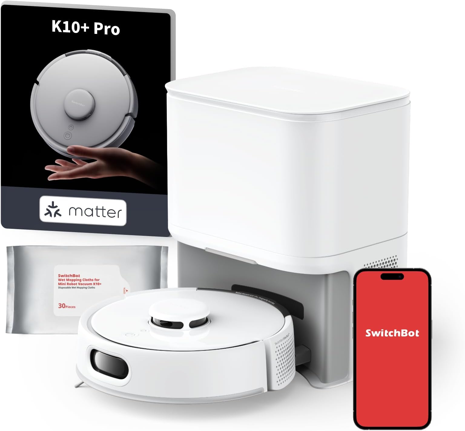 SwitchBot K10+ Pro Robot Vacuum Self Emptying for 90 Days Hands-Free, Super Quiet Mini Robotic Vacuum Cleaner with High Suction Power, Anti-Hair-Tangle, Works with Alexa/Siri, 2.4Ghz WiFi