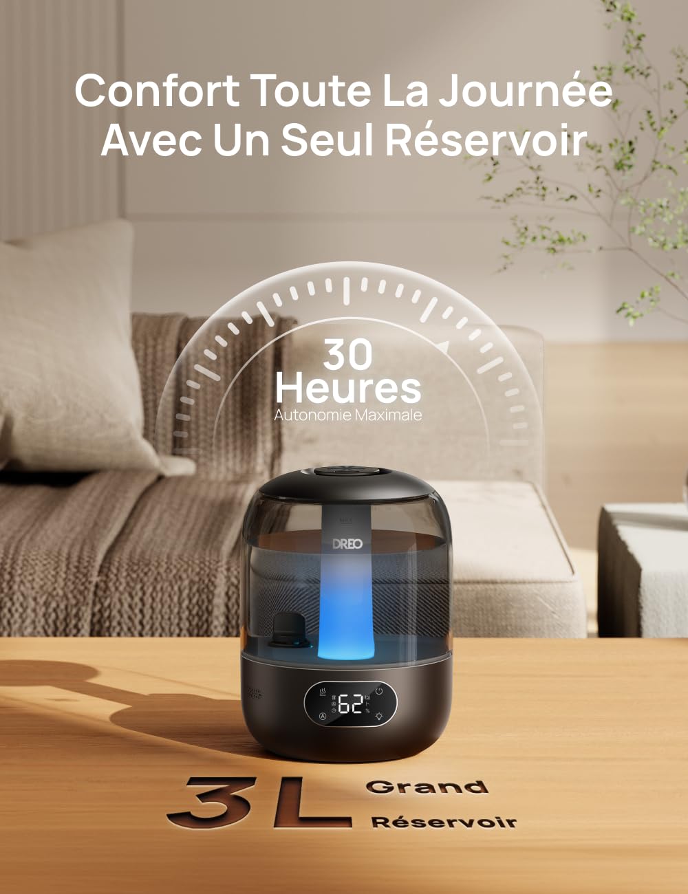 Dreo 3L Humidificateur Bébé Silencieux 26dB avec Capteur d’Humidité, Brume Fraîche Ultrasonique, Buse 360°, 30H Autonomie, Diffuseur d’Huiles Essentielles, Lumière d’Ambiance, pour Plantes, Noir