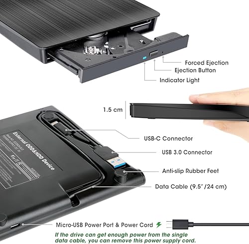 Miniatura 6 de ROOFULL Unidad externa de CD y DVD USB 3.0 y USB-C portátil CD y DVD-ROM +-RW grabadora de disco lector lector escritor reescritor adaptador para