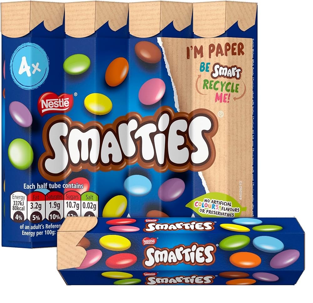 Nestle Smarties 4 Tube Pack Fun Way to Enjoy Smarties Milk Chocolate Candies Contains Four Individual Smarties Tubes Each 38g X 4