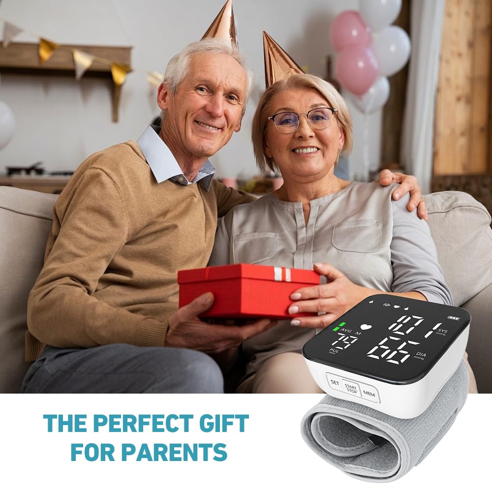 Tensiometro de Muñeca con Pantalla LCD, Tensiometro Muñeca con Aviso de Voz, Monitorización de Frecuencia Cardíaca, Carga USB Portátil, Brazalete Ajustable, Para el Hogar o de Viaje