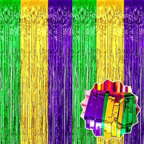 Image of 3 Pack Gold Green Purple Foil Fringe Curtains Backdrop, 3.28 x 9.8 Ft Metallic Streamers Tinsel Curtains Background for Photo Booth, Birthday, Halloween, Christmas, New Year Party Decorations