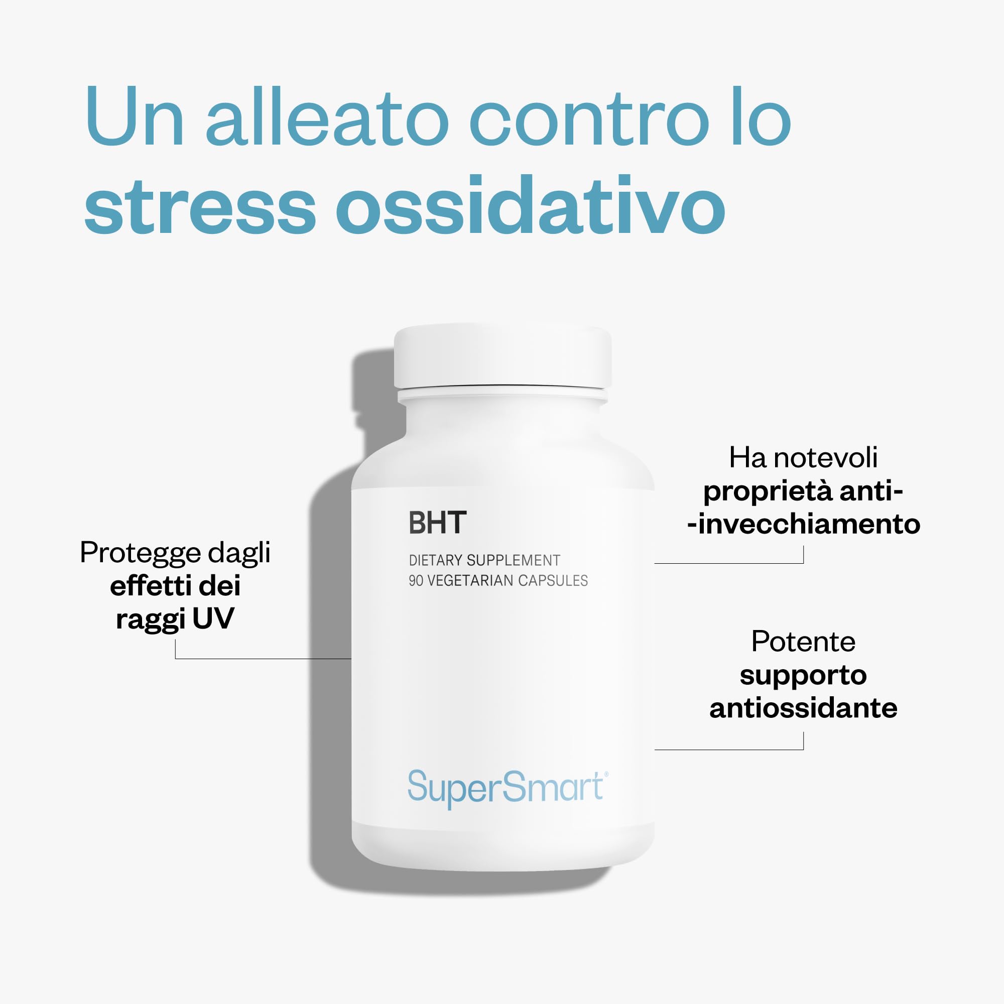 BHT (Butylated Hydroxytoluene) - Aiuta a combattere lo stress ossidativo - Potente antiossidante e antivirale - Antietà - Vegano - Supersmart