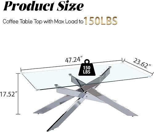 Miniatura 2 de Mesa auxiliar de cristal de 47 pulgadas, mesa central rectangular moderna con parte superior de vidrio templado transparente y patas de metal
