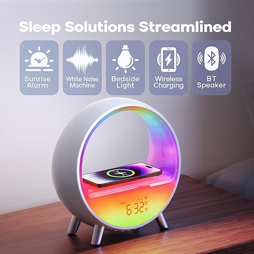 Miniatura 2 de Dekala Arches - Máquina de sonido calmante para dormir con ruido blanco, despertador con carga inalámbrica, altavoz Bluetooth, luz nocturna para