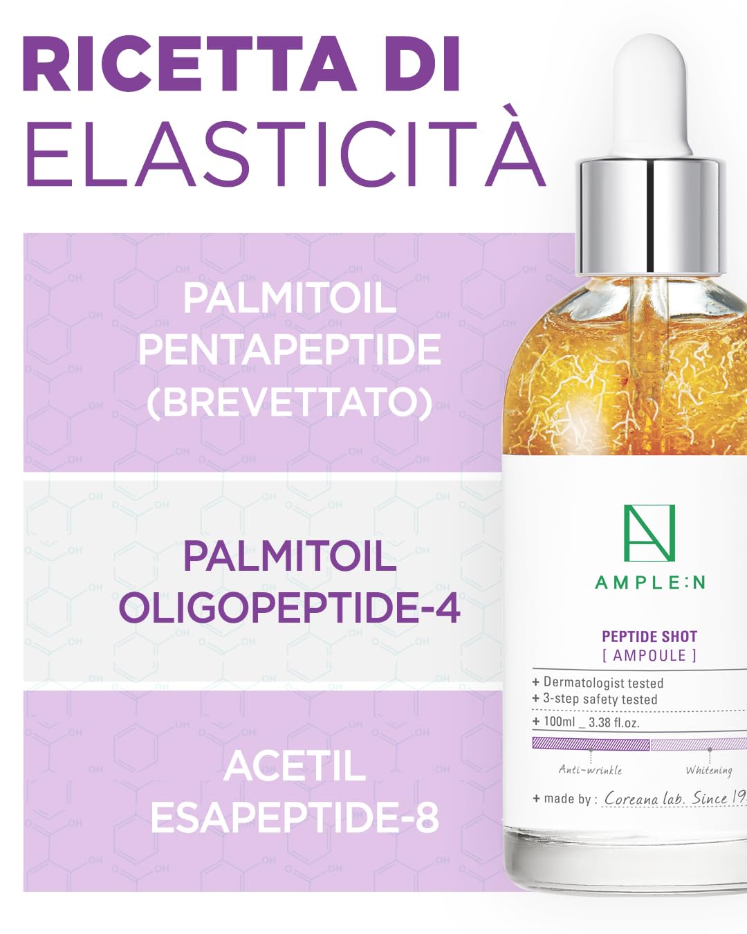 Coreana AMPLE:N Peptide Shot Ampoule 3.38 fl. oz. (100 ml) - Siero rassodante viso antietà e antirughe definitivo, booster tri-peptidi, Visiby Plump, cura della pelle ringiovanente