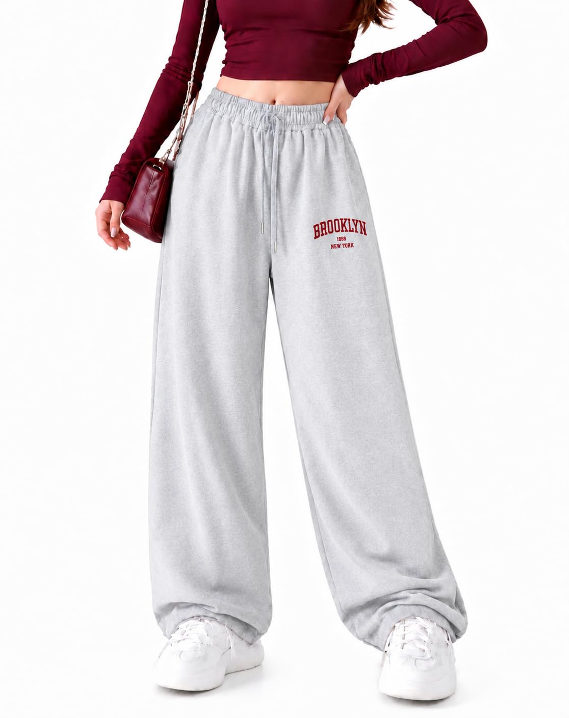 Women's Wide Leg Sweatpants, Light Grey, Brooklyn New York Graphic, High Waist Drawstring Joggers-image-1
