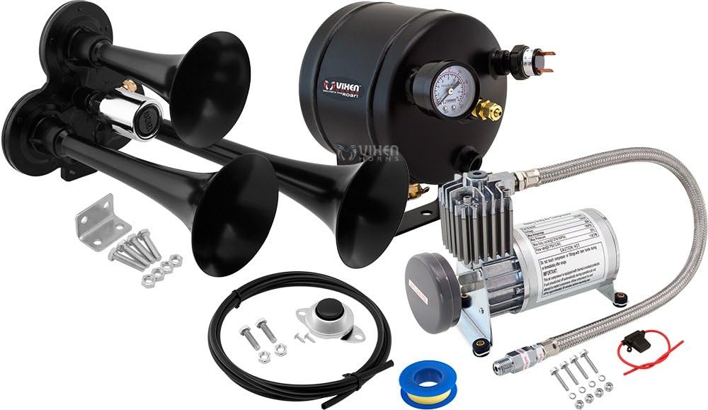 Vixen Horns Train Horn Kit for Trucks/Car/Semi. Complete Onboard System- 150psi Air Compressor, 0.5 Gallon Tank, 3 Trumpets. Super Loud dB. Fits Vehicles like Pickup/Jeep/RV/SUV 12v VXO8805/3311B