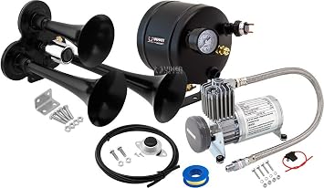 Vixen Horns Train Horn Kit for Trucks/Car/Semi. Complete Onboard System- 150psi Air Compressor, 0.5 Gallon Tank, 3 Trumpets. Super Loud dB. Fits Vehicles like Pickup/Jeep/RV/SUV 12v VXO8805/3311B