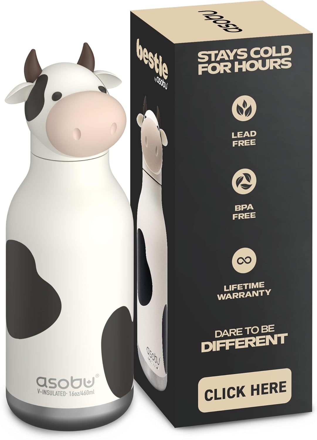 asobu Bestie Bottle Insulated Stainless Steel Water Bottle with Detachable Soft Animal Head Fun Drinking For Kids and Teens with Flexible Reusable Straw 16 Ounce