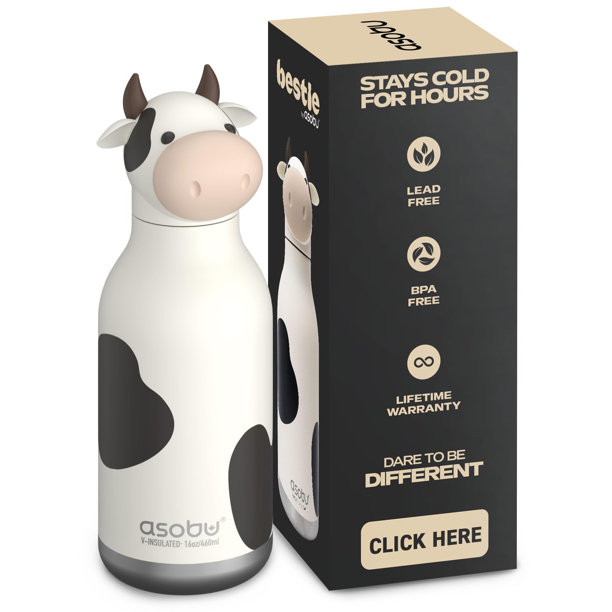 Asobu Bestie Cow Insulated Stainless Steel Water Bottle with Straw, 460ml — image 1