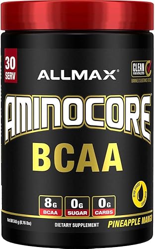 ALLMAX Nutrition AMINOCORE BCAA en polvo, 0.29 oz de aminoácidos, bebida de recuperación intra y posentrenamiento, sin gluten (piña mango, 11.11 oz)