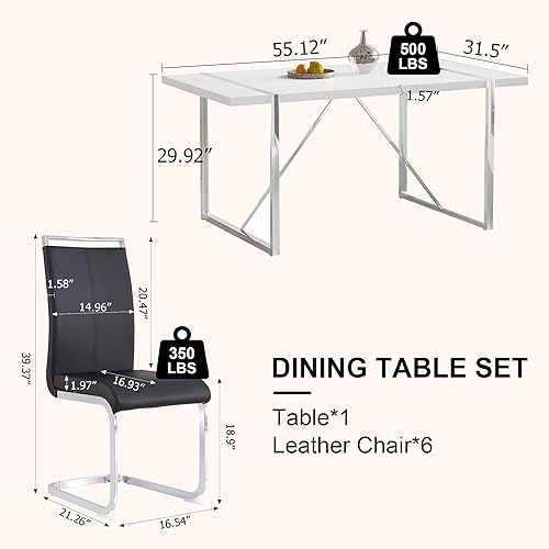 Miniatura 5 de Juego de mesa de comedor para 6, moderno juego de mesa de comedor rectangular, mesa de cocina blanca de 55 pulgadas con 6 sillas de comedor de cuero