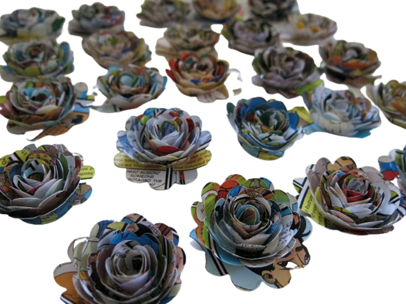 – 24 Small Scalloped Comic Book Page Paper Flowers, Handmade from Vintage Book Pages, 1.5–2" Blooms for Weddings, Bouquets, Centerpieces & Crafts