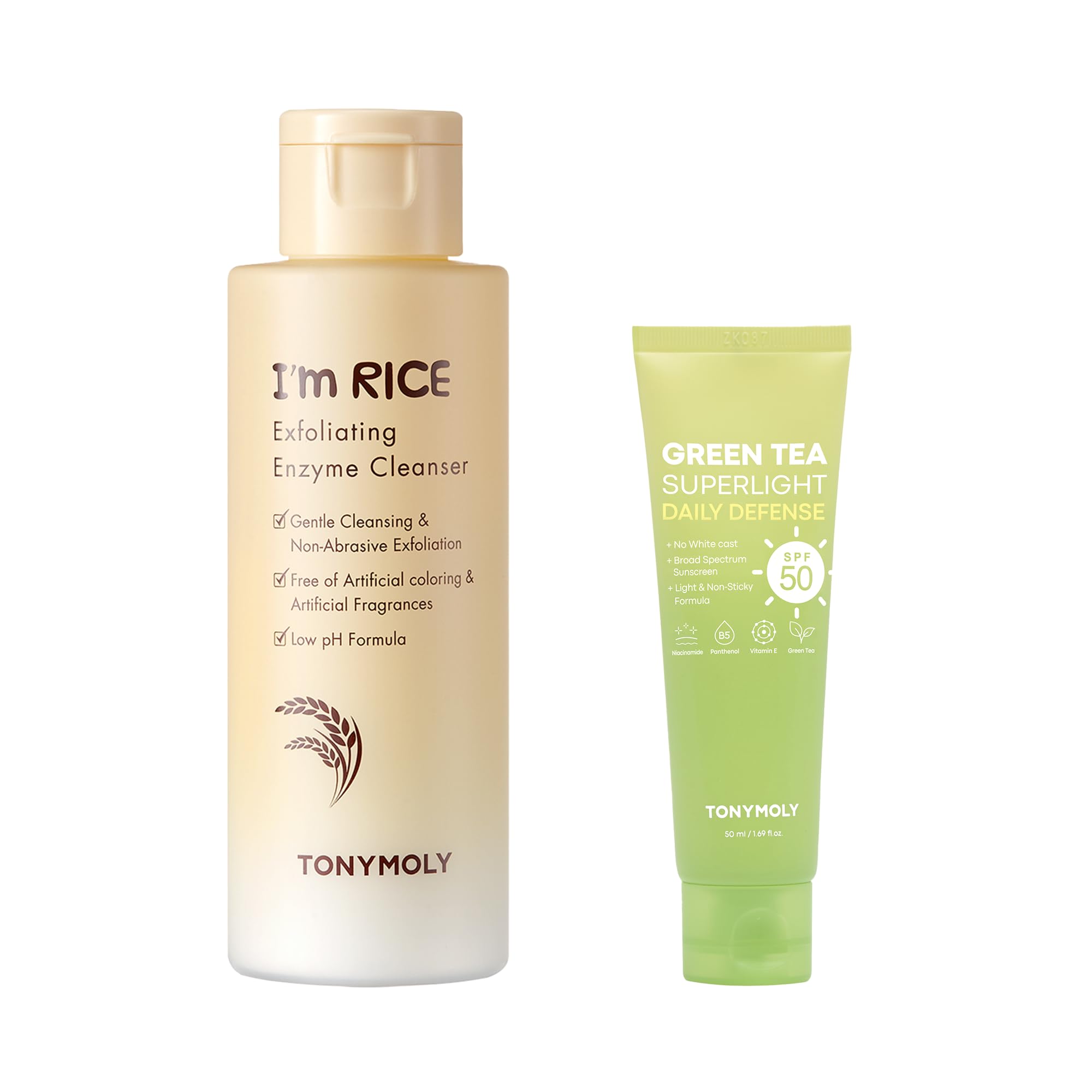 TONYMOLY Green Tea SPF 50 Sunscreen Im Rice Exfoliating Face Polish Cleanser Bundle 50ml 50g