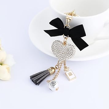 Creative Keychain, Car Key Ring with Cute Crystal Peach Heart, Bow and Tassel Bag Pendant, Gift for Lady Girls(Black)