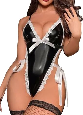 ROSVAJFY Womens Patent Leather Teddy Bodysuit Sexy Lingerie Maid Cosplay Costume Wetlook Clubwear Cocktail Party Outfits