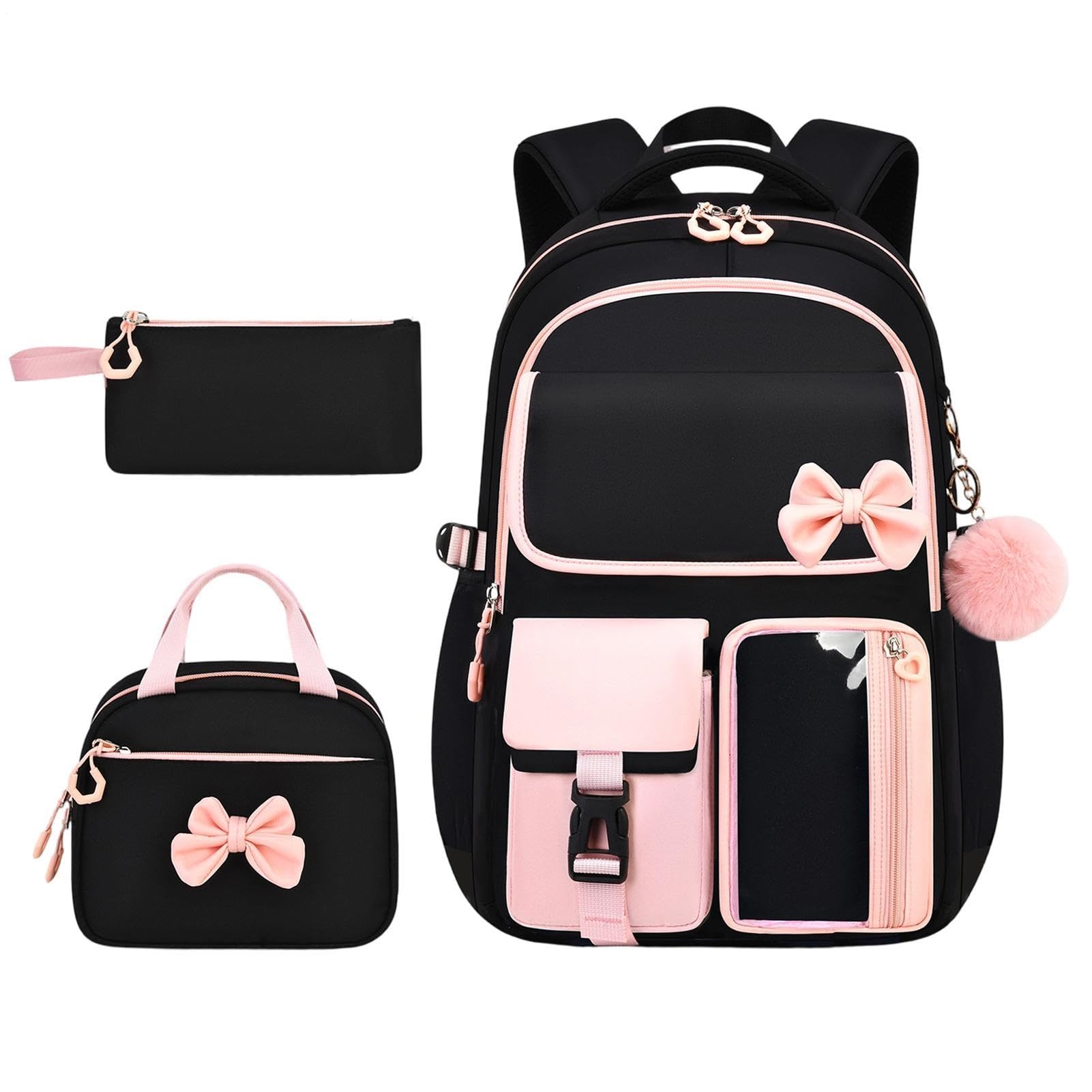 Generico Zaino Da Bambina Con Portapranzo 3 Pezzi con Fiocchi e Astuccio | Zaino Scolastico Bambini Divertente E Per Studentesse Pendolari Viaggio Portafoglio Abbigliamento E Libri Di