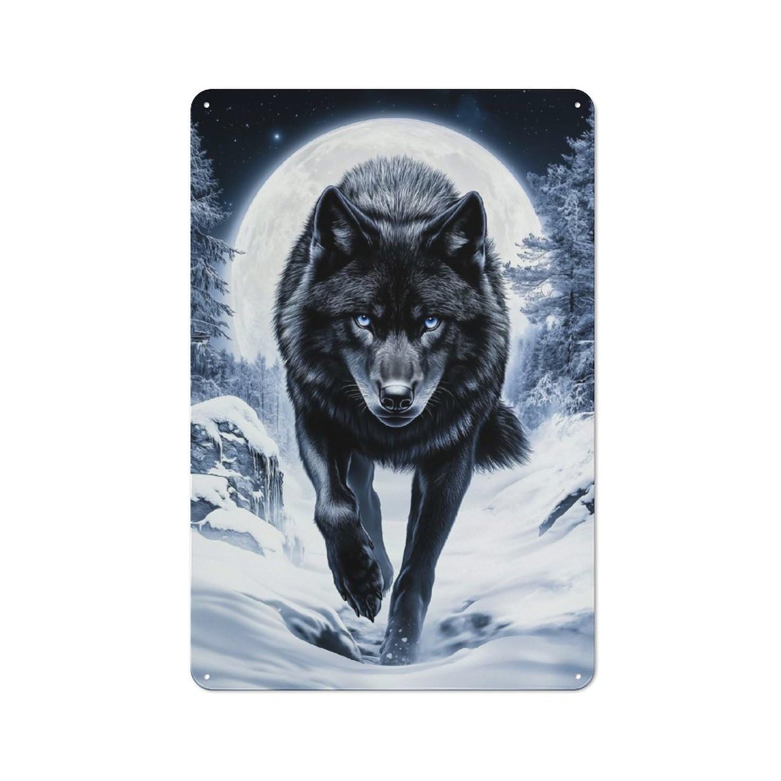Vintage Black Wolf in Winter Moonlight Metal Wall Sign 30x20cm, Shed Wall Plaque for Garage, Workshop, Shed Or Utility Room