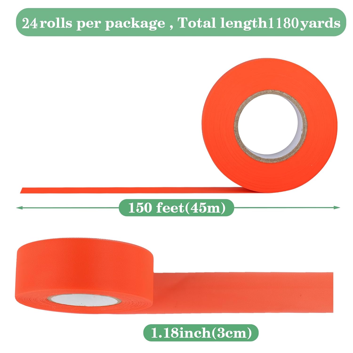 24 Pack Fluorescent Orange Flagging Tape, Non-Adhesive Plastic Ribbon Neon Marking Roll, 1.18 in. x 150 ft, Marking Tape for Hunting, Tree Marking, Trail Marking, Boundaries Hazardous Areas