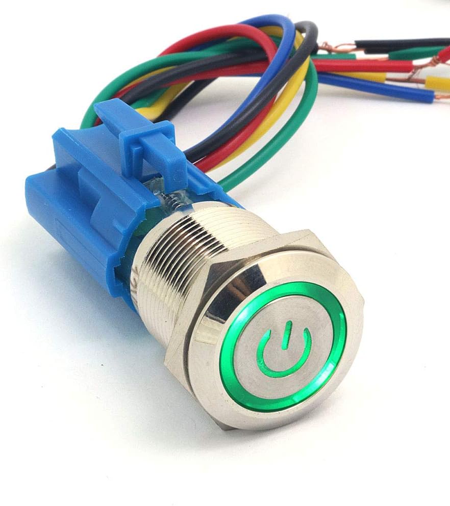 DollaTek 19mm 12V Momentary Push Button Switch Power Symbol Angel Eye LED Light Metal Push Button with Plug Wire - Green