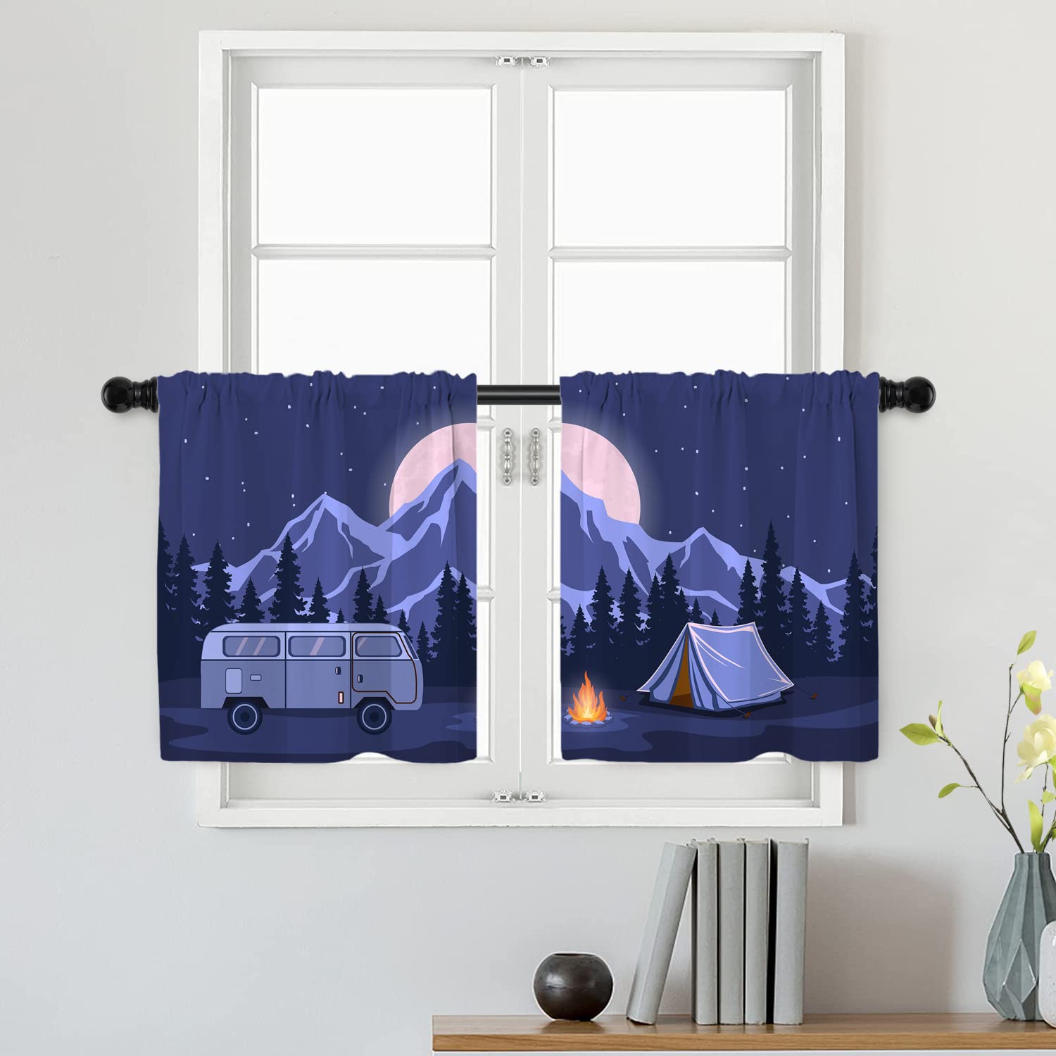 Batmerry Dark Blue Psychedelic Adventure Camping Tier Curtains, Art Starry Night Window Treatment Short Kitchen Curtain Multilayer Polyester Blackout for Living Room/Bathroom, 2 Pack 26x24 inches