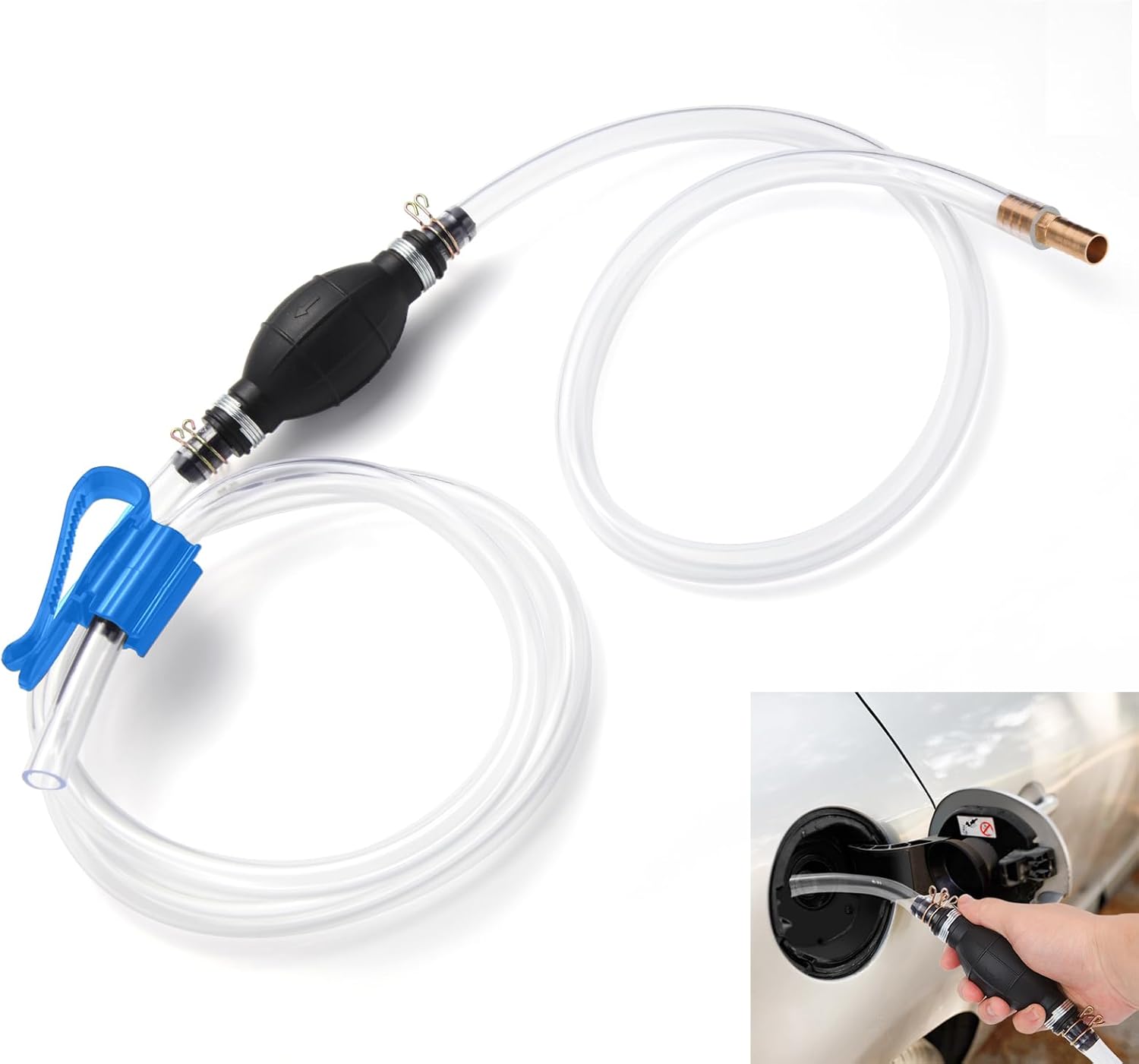Gas Siphon Hose Pump, Manual Hand Water pump, Gasoline Transfer Pump for water Gas Oil Petrol Diesel, Fuel Siphon Pump with 2 Durable PVC Syphon Hoses, HH016