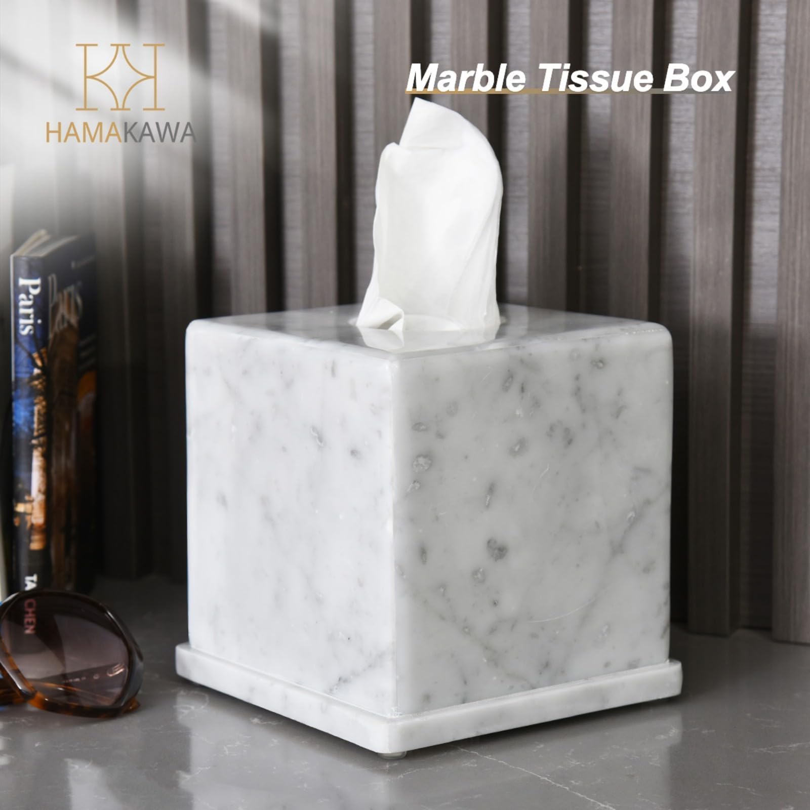 Portapañuelos de Mármol Natural Blanco Carrara, Caja Cuadrada 15x15x14.5 cm para Baño Moderno/Salón, Organizador de Pañuelos Pesado con Piedra Auténtica