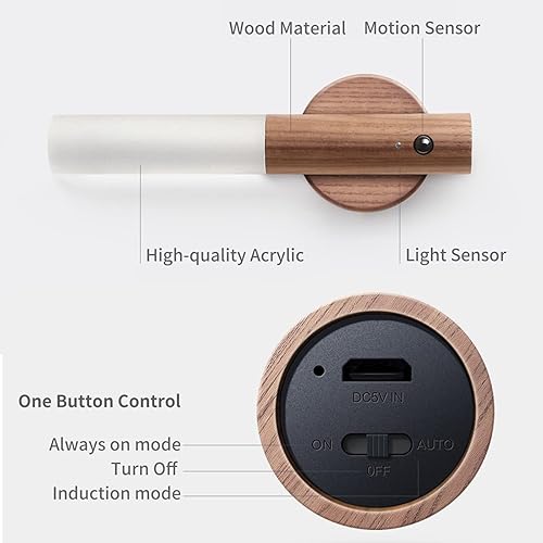 Miniatura 8 de Luz nocturna con sensor de movimiento, luz LED recargable magnética, luz nocturna portátil con sensor inteligente, aplique de pared de madera,